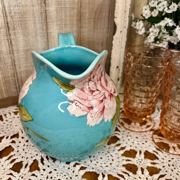 Teal French Country Pitcher/Vase with Pink Peony Flowers - Picture 3 of 7